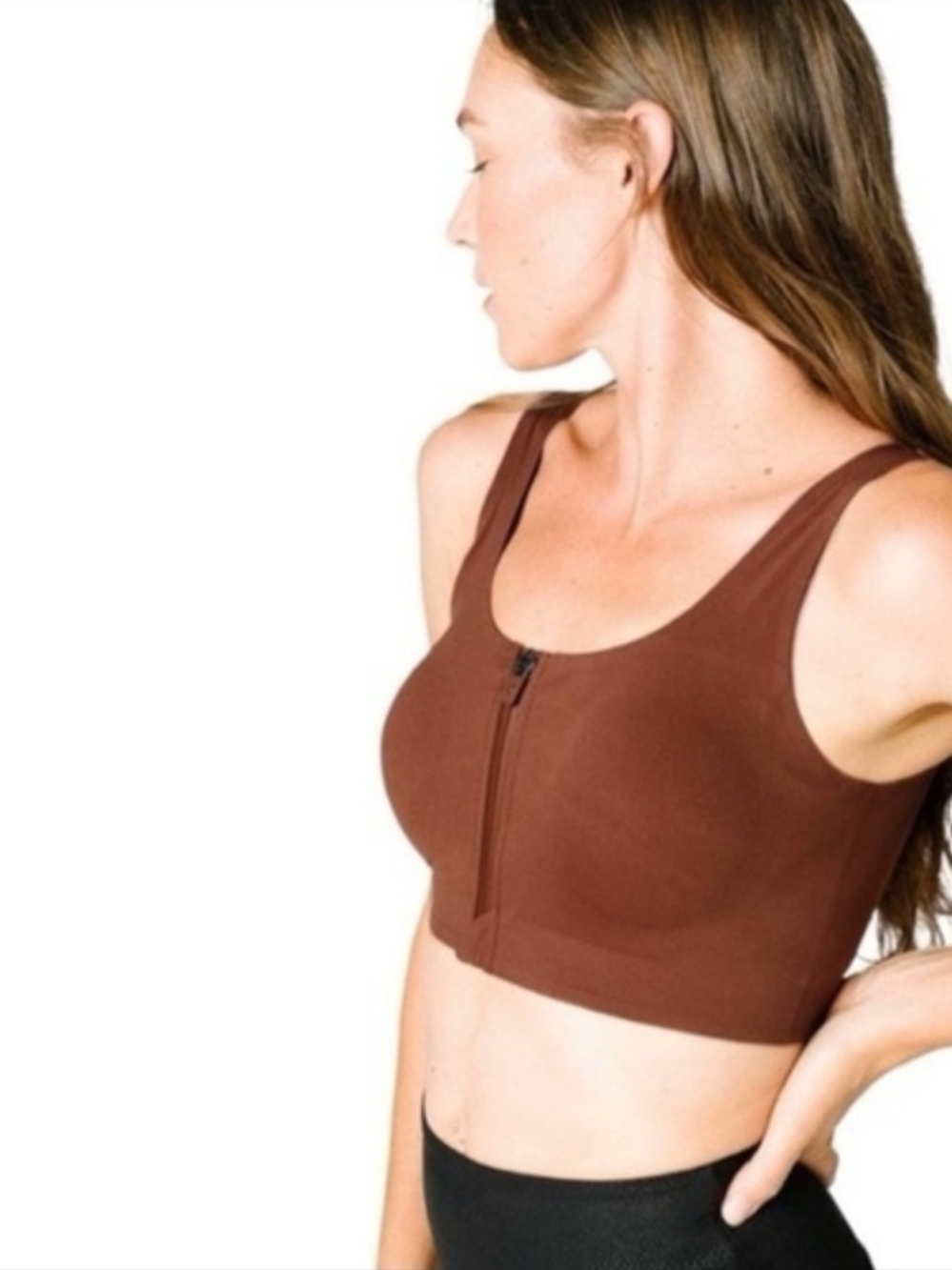 ZYIA ACTIVE Women's Sports Bra Zipper Front Coffee Brown Gym Yoga Activewear M